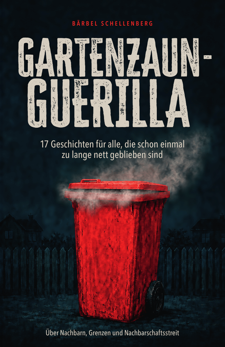 Buchcover Gartenzaun-Guerilla: rote rauchende Mülltonne vor dunklen Häusern